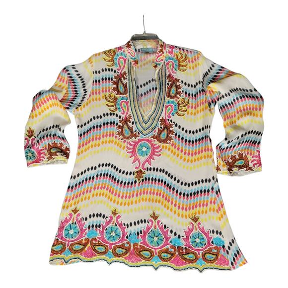 TAJ By Sabrina Crippa Silk Beaded And Embroidered Tunic Top 3/4 Sleeve Sz Large - Picture 1 of 14